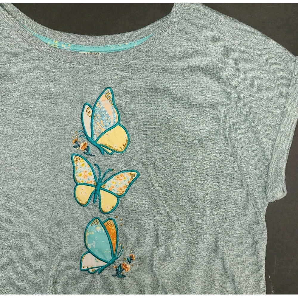 TruSelf Butterfly Embroidered Top Womens Large Green Short Sleeve Tee Soft
